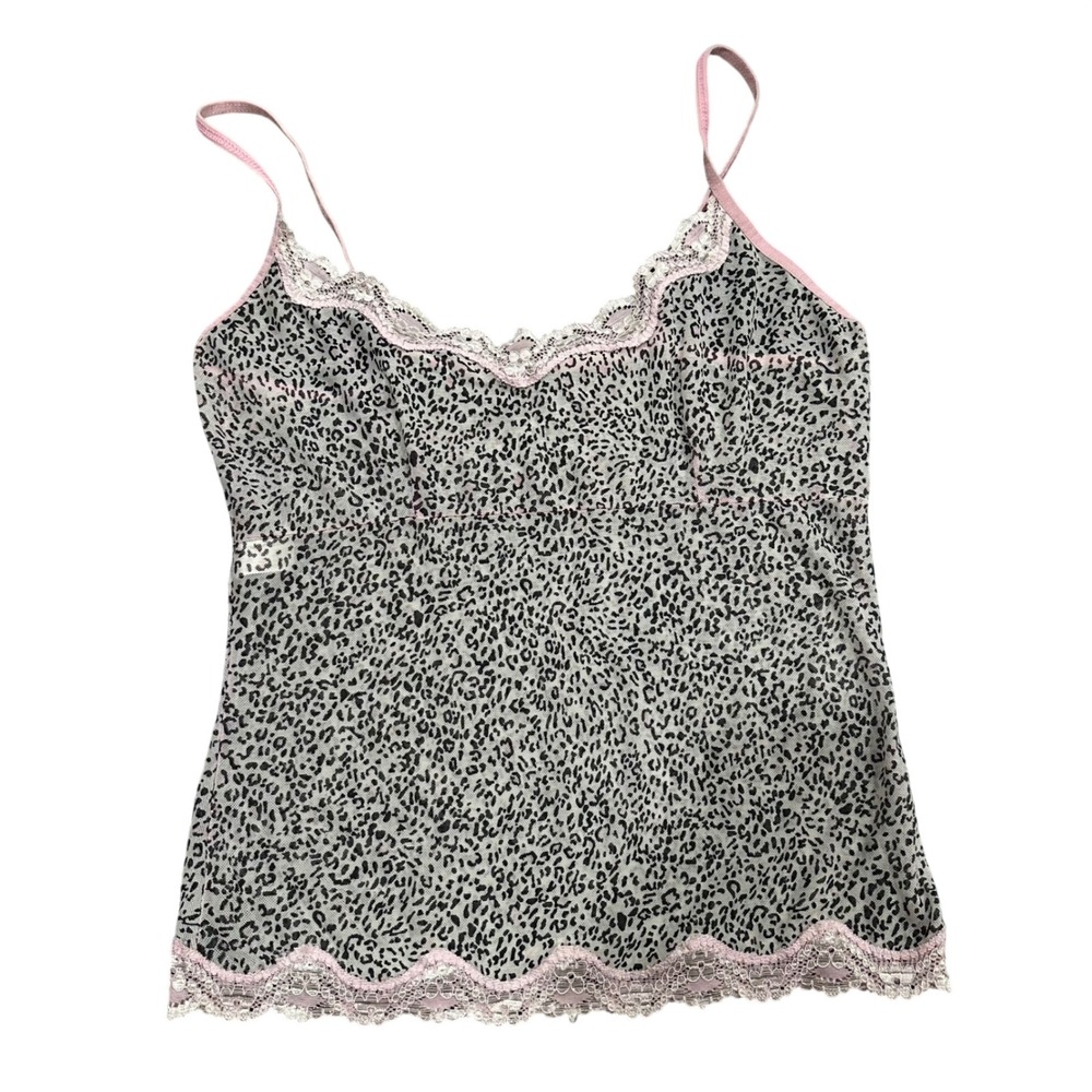 Pink Leopard Print Mesh Camisole Lace Trim V-Neck Spaghetti Strap Cami Top